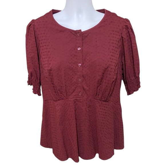 Lane Bryant Tops - Lane Bryant Short Sleeve Embroidered Eyelet Burgundy Babydoll Top Plus Size 16